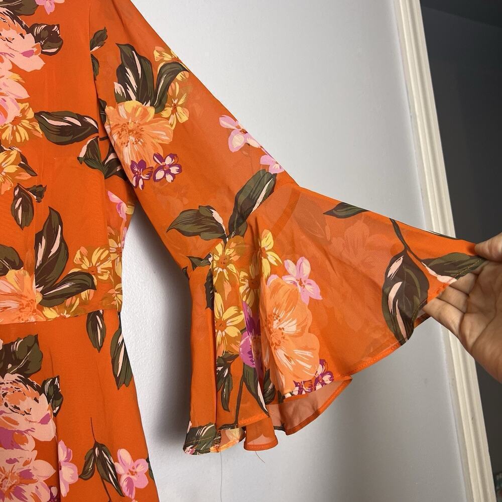 NWT Donna Morgan Bell Sleeve Floral Dress Sz 12 Orange Vacation Flowy Romantic - Picture 4 of 16